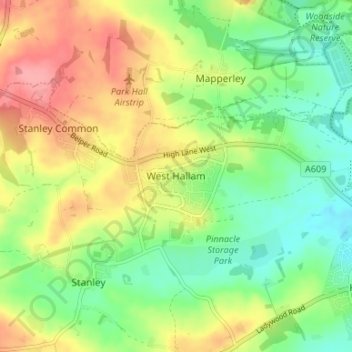 Carte topographique West Hallam, altitude, relief