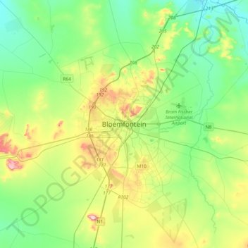 Carte topographique Bloemfontein, altitude, relief