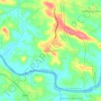 Carte topographique Aliparamba, altitude, relief