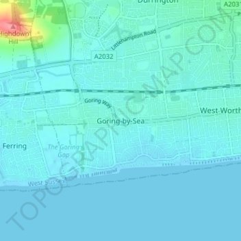 Carte topographique Goring-by-Sea, altitude, relief