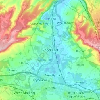 Carte topographique Snodland, altitude, relief