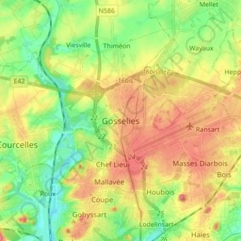 Carte topographique Gosselies, altitude, relief