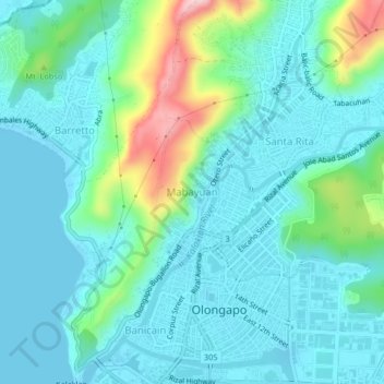 Carte topographique Mabayuan, altitude, relief