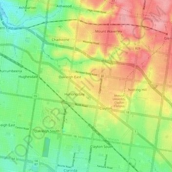 Carte topographique Oakleigh East, altitude, relief