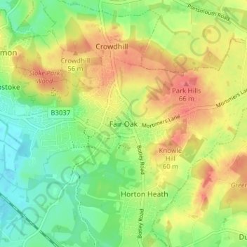 Carte topographique Fair Oak, altitude, relief