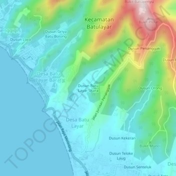 Carte topographique Dusun Batu Layar Utara, altitude, relief