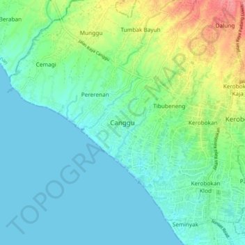 Carte topographique Canggu, altitude, relief