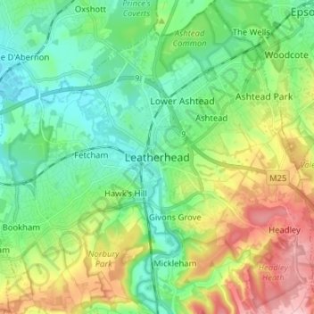 Carte topographique Leatherhead, altitude, relief