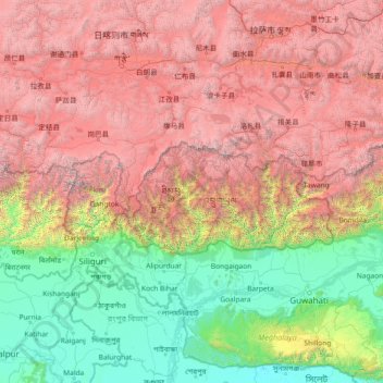 Carte topographique Wangdue Phodrang District, altitude, relief