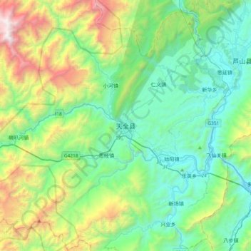 Carte topographique Tianquan, altitude, relief