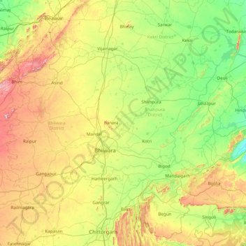 Carte topographique Bhilwara, altitude, relief