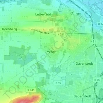 Carte topographique Velber, altitude, relief