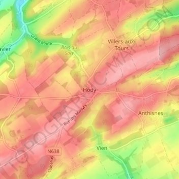 Carte topographique Hody, altitude, relief