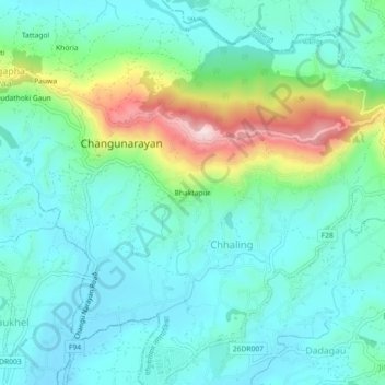 Carte topographique Bhaktapur, altitude, relief