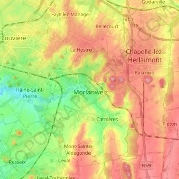 Carte topographique Morlanwelz-Mariemont, altitude, relief