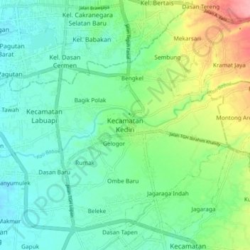 Carte topographique Kecamatan Kediri, altitude, relief