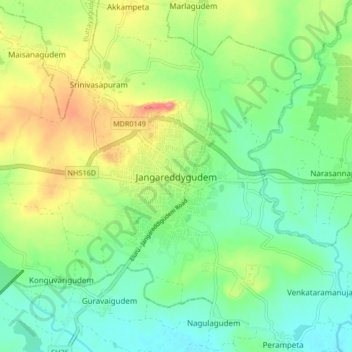 Carte topographique Jangareddygudem, altitude, relief