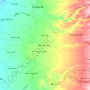Carte topographique Wonomulyo, altitude, relief