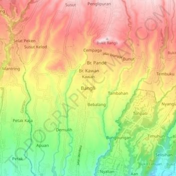Carte topographique Bangli, altitude, relief