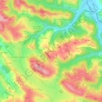 Carte topographique Le Pouget, altitude, relief