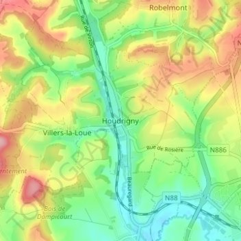 Carte topographique Houdrigny, altitude, relief