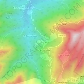 Carte topographique Pethuparai, altitude, relief