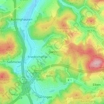 Carte topographique Dahl, altitude, relief