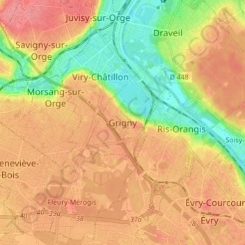 Carte topographique Grigny, altitude, relief