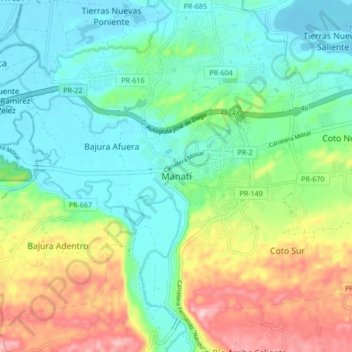 Carte topographique Manatí, altitude, relief