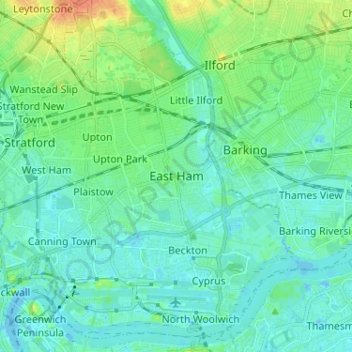 Carte topographique East Ham, altitude, relief