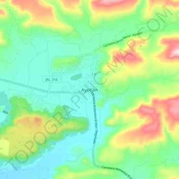 Carte topographique Ayotlán, altitude, relief