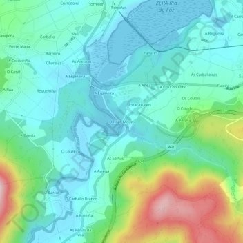 Carte topographique O Pozo Mouro, altitude, relief