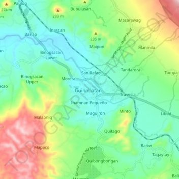 Carte topographique Guinobatan, altitude, relief