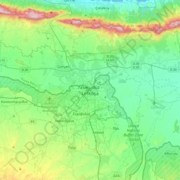 Carte topographique Nicosie, altitude, relief