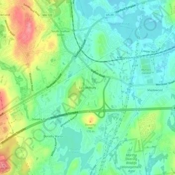 Carte topographique East Millbury, altitude, relief
