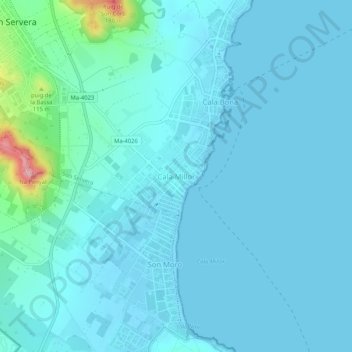 Carte topographique Cala Millor, altitude, relief