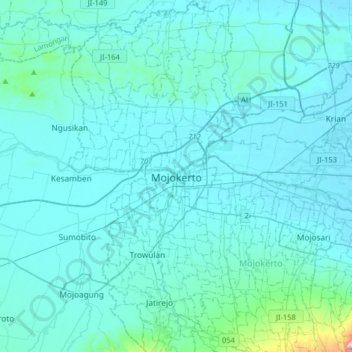 Carte topographique Mojokerto, altitude, relief