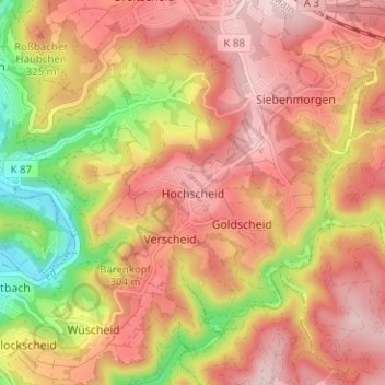 Carte topographique Hochscheid, altitude, relief