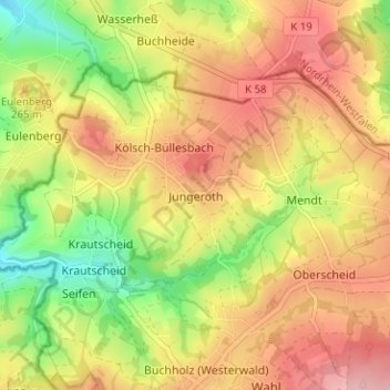 Carte topographique Jungeroth, altitude, relief