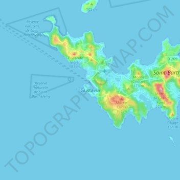 Carte topographique Gustavia, altitude, relief
