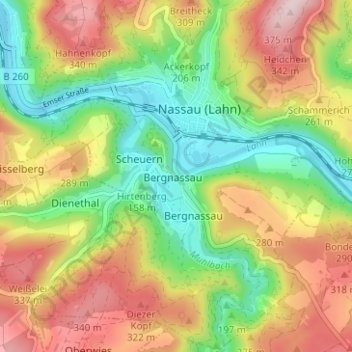 Carte topographique Bergnassau-Scheuern, altitude, relief