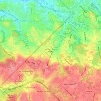 Carte topographique Greater Capitol Heights, altitude, relief
