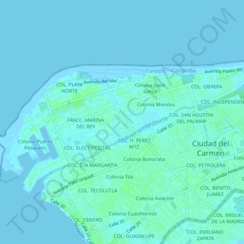 Carte topographique Colonia Miami, altitude, relief