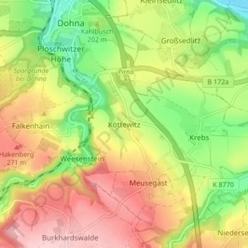 Carte topographique Köttewitz, altitude, relief