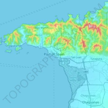 Carte topographique Port of Spain, altitude, relief