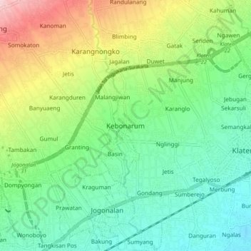 Carte topographique Kebonarum, altitude, relief