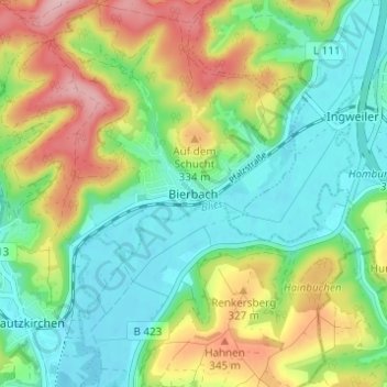 Carte topographique Bierbach, altitude, relief