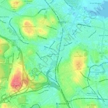 Carte topographique South Quincy, altitude, relief