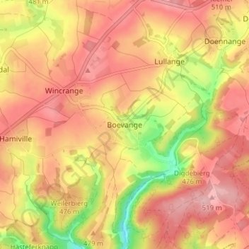 Carte topographique Boevange, altitude, relief