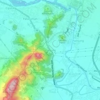 Carte topographique Jelegong, altitude, relief